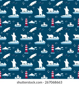 Vector seamless pattern with polar bears and lighthouse on dark blue background