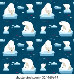 Vector seamless pattern polar bears and fishes on isberg in dark blue background
