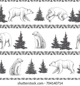 Vector seamless pattern with polar bears and firs. Hand drawn illustration with wild north animals and trees. Winter texture with tribal american indian ornamental border. New Year ethnic background
