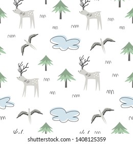 Vector seamless pattern with polar deer and birds. Alaska. Wild animals and nature. Scandi style. Children print. Wildlife