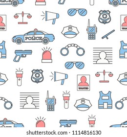 Vector seamless pattern with police service concept icons. Thin line art flat style design background, wallpaper.