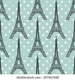 vector seamless pattern with polka dot background and Eiffel Tower