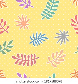 Vector seamless pattern with polka dots and tropical leaves. Cute design for wallpaper, textile, fabric, wrapping paper