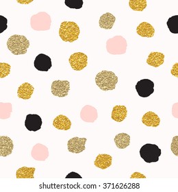 Vector seamless pattern with polka dots of rose gold and black. Gold dots, sparkles, shining dots. 