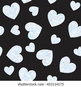 Vector seamless pattern with polygonal hearts on black background. 