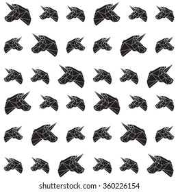 Vector seamless pattern with polygonal unicorn on the white background.