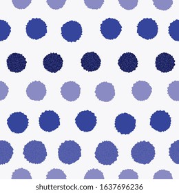 Vector seamless pattern, pom pom, bobble, dots in different blue shades in a rows. Repeating pattern.