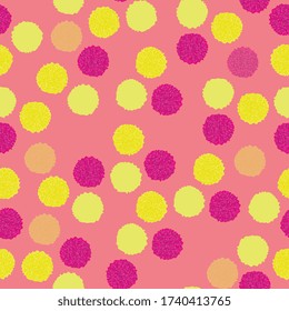 Vector seamless pattern, pom pom, bobble, yellow and pink on trendy pink. Repeating pattern.