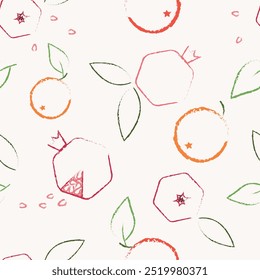 Vector seamless pattern of pomegranate apples and oranges with leaves on a light background.