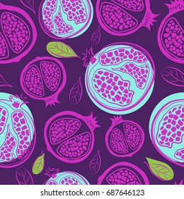 Vector seamless pattern with pomegranate. Beautiful exotic fruits for decoration, fabric, textile, wrapping paper and other decoration design. Vector illustration in trendy hand drawn style.