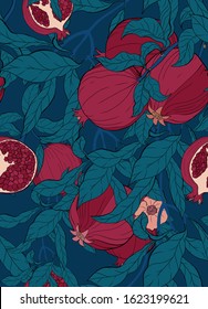 Vector seamless pattern with pomegranate branch with fruits and flowers on blue. Romantic background for wedding invitation, birthday, fabric, healfy food, halal cosmetics, scrapbook