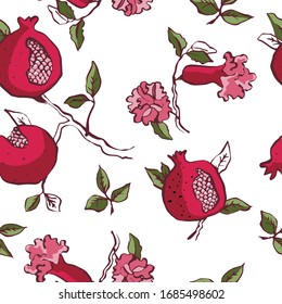 Vector seamless pattern with pomegranate branch with fruits and flowers on white. Romantic background for wedding invitation, birthday, fabric, healfy food, halal cosmetics, scrapbook
