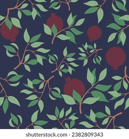 Vector seamless pattern with pomegranate branches and leaves. Wallpaper, background, paper or fabric print