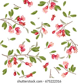 Vector seamless pattern with pomegranate branches and flowers isolated on white background. Romantic background design for wedding, greeting card, cosmetics, wrapping paper, textile print