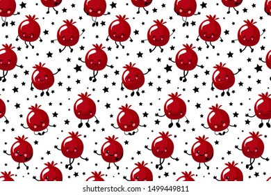 Vector seamless pattern with pomegranate characters over white background. Design for cosmetics, spa, pomegranate juice, health products, perfumes. Suitable for textile or wrapping paper.
