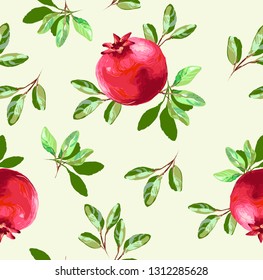 Vector seamless pattern with pomegranate fruit on white background. Design for cosmetics, spa, pomegranate juice, health care products, perfume. Best for textile or wrapping paper.