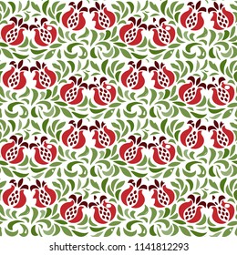 Vector seamless pattern with pomegranate fruits and seeds on white background. Design for cosmetics, spa, pomegranate juice, health care products, perfume. Best for textile or wrapping paper