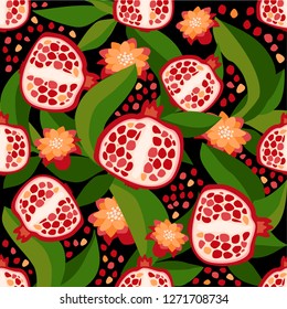 Vector seamless pattern with pomegranate fruits, flowers, leaves and seeds on black background. Design for cosmetic, spa, pomegranate juice, health care products, fabric or wrapping