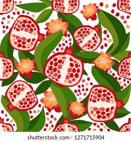 Vector seamless pattern with pomegranate fruits, flowers, leaves and seeds on black background. Design for cosmetic, spa, pomegranate juice, health care products, fabric or wrapping