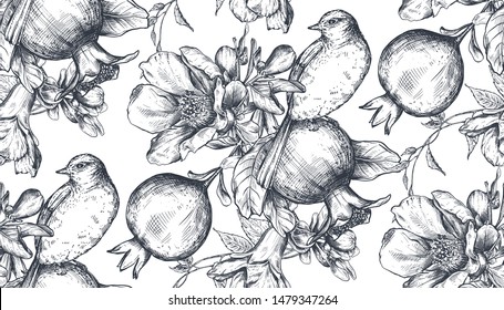 Vector seamless pattern with pomegranate fruits, flowers, branches and birds. Hand drawn black and white illustration in sketch style.