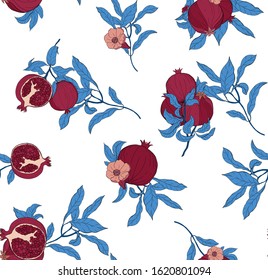 Vector seamless pattern with pomegranate fruits and seeds on white background. Design for cosmetics, spa, pomegranate juice, health care products, perfume. Best for textile or wrapping paper