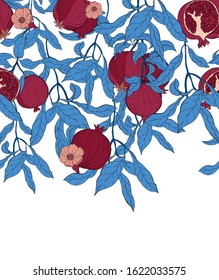 Vector seamless pattern with pomegranate fruits and seeds on white background. Design for cosmetics, spa, pomegranate juice, health care products, perfume. Best for textile or wrapping paper