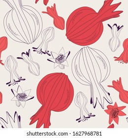 Vector seamless pattern with pomegranate fruits and flowers. Design for cosmetics, spa, pomegranate juice, health care products, perfume. Best for textile or wrapping paper.