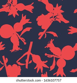 Vector seamless pattern with pomegranate fruits and flowers. Design for cosmetics, spa, pomegranate juice, health care products, perfume. Best for textile or wrapping paper. Red silhouette.