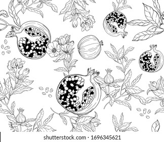 Vector seamless pattern with pomegranate fruits and seeds on white background. Design for cosmetics, spa, pomegranate juice, health care products, perfume. Best for textile or wrapping paper.