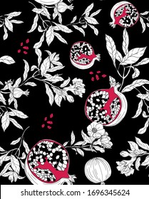 Vector seamless pattern with pomegranate fruits and seeds on black background. Design for cosmetics, spa, pomegranate juice, health care products, perfume. Best for textile or wrapping paper.