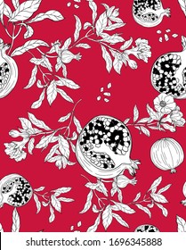 Vector seamless pattern with pomegranate fruits and seeds on red background. Design for cosmetics, spa, pomegranate juice, health care products, perfume. Best for textile or wrapping paper.