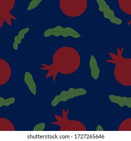 Vector seamless pattern with pomegranate fruits and seeds on blue background. Design for pomegranate juice, stationery, cosmetics. Best for textile or wrapping paper.