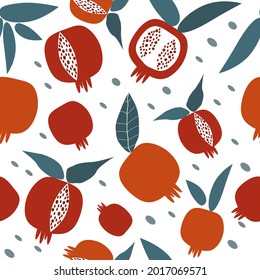 vector seamless pattern with pomegranate fruits and leaves. pattern in flat style for printing on fabric, paper, clothes