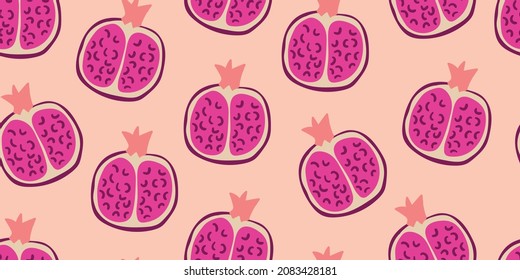 Patrón vectorial sin fisuras con frutos granados y semillas sobre fondo blanco. Diseño para cosméticos, spa, zumo de granada, productos sanitarios, perfume. Mejor para papel textil o de envoltura