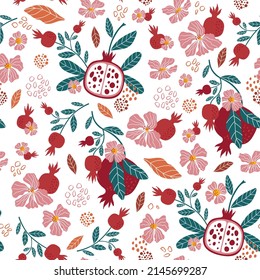 
Vector seamless pattern with pomegranate fruits and flowers on pink background. Design for cosmetics, spa, pomegranate juice, health care products, perfume. Best for textile or wrapping paper