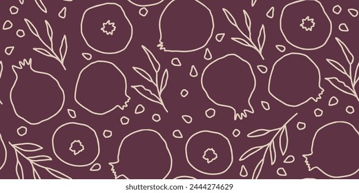 Vector seamless pattern with pomegranate fruits and seeds. Modern floral print. Seamless pattern. Hand drawn style.