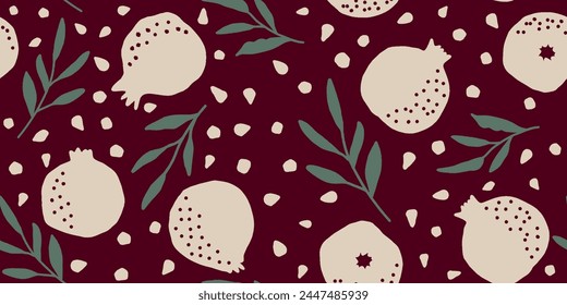 Vector seamless pattern with pomegranate fruits and seeds. Modern floral print. Seamless pattern. Hand drawn style.
