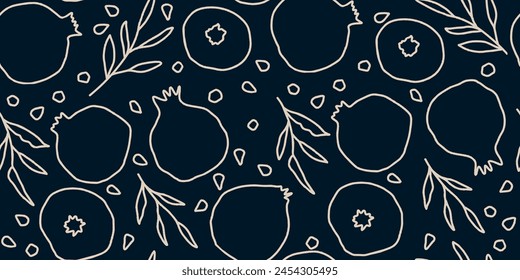 Vector seamless pattern with pomegranate fruits and seeds. Modern floral print. Seamless pattern. Hand drawn style.
