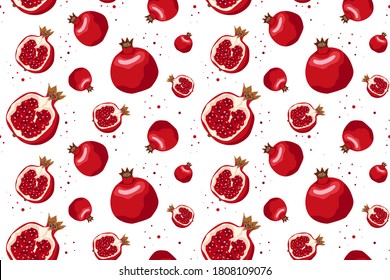 Vector seamless pattern with pomegranates. Decorative patterns of the pomegranate fruit on white background . Texture with floral elements. Bright slice of tasty fruits. The elegant the template for