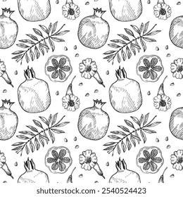 Padrão de vetor sem emenda com romã. Fundo repetitivo desenhado à mão com frutos gravados, ramos, folhas de plantas de Garnet suculentas. Comida, ingrediente, médico. Para sinal, etiqueta, têxtil, cartão