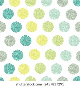 Vector seamless pattern pompom in arrow shape in green and yellow color palette color on white background. Holiday or birthday baby repeating pattern. Pon pon pom. Trendy gradient.