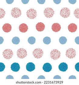 Vector seamless pattern pompom in rows in blue, pink and red color on white background. Holiday Christmas or birthday baby repeating pattern. Pon pon pom.