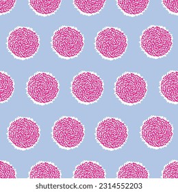 Vector seamless pattern pompom in rows in blue, pink and white color on blue background. Pastel colors, baby shower or birthday baby repeating pattern. Pon pon pom.