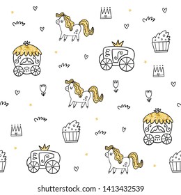 Vector seamless pattern. Ponies, carriages, plants, Golden texture. Children print. Hand drawn style
