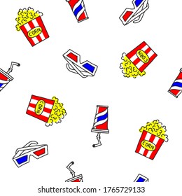 Vector seamless pattern with pop corn, soda and 3d glasses