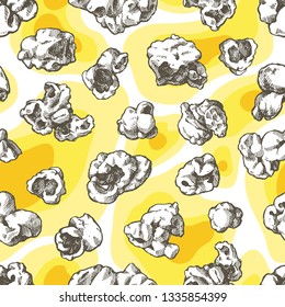 Vector seamless pattern with popcorn illustrations and color background.   Sketch snack fast food template