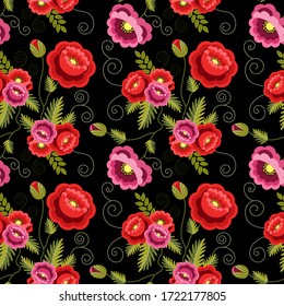 Vector seamless pattern of poppies in bright colors. Dark background. Fashionable folk style.