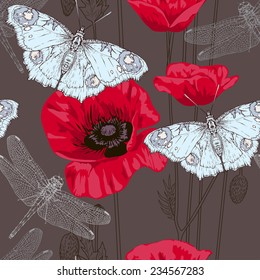 Vector seamless pattern with poppies, butterflies and dragonflies