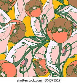 Vector seamless pattern with poppies. Chaotic summer texture with flowers, textile design. Vintage, modern style