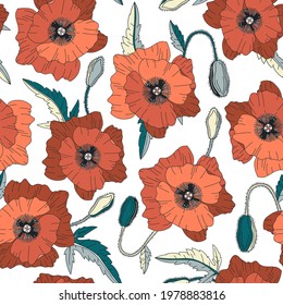 Vector seamless pattern with poppies flowers on white background. Botanical design for packaging, wrapping paper, wallpaper, fabric. Summer floral backdrop with poppy flowers.